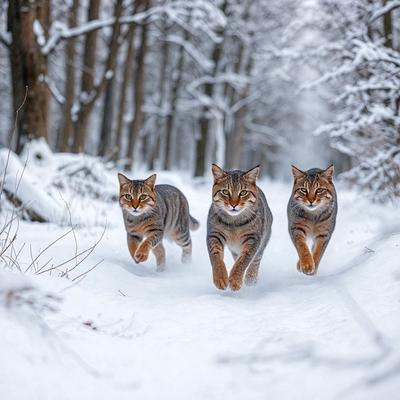 The primary subject of the image is a group of three cats running through the snow. They are in a snowy forest, with trees in the background. The visual style of the image is a photo, capturing the cats in their natural environment. The colors and mood of the image are predominantly white, with the snow creating a serene and peaceful atmosphere.